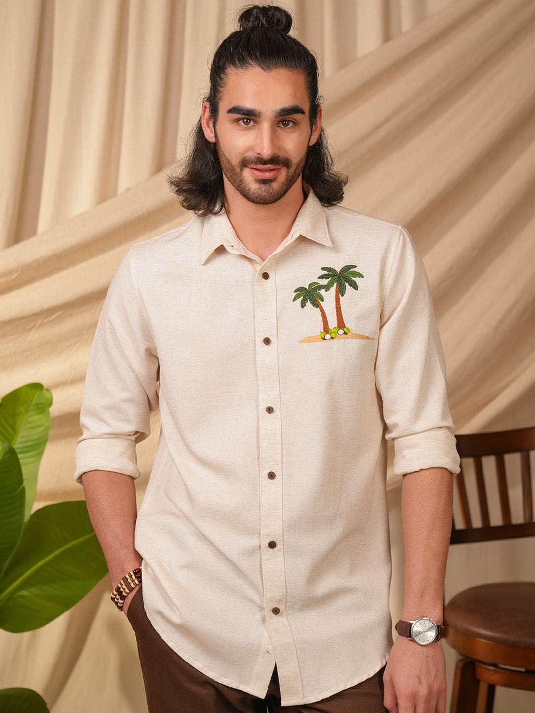 Custom Beige Natural Grains Coconut Tree Embroidery Linen Cotton Shirt