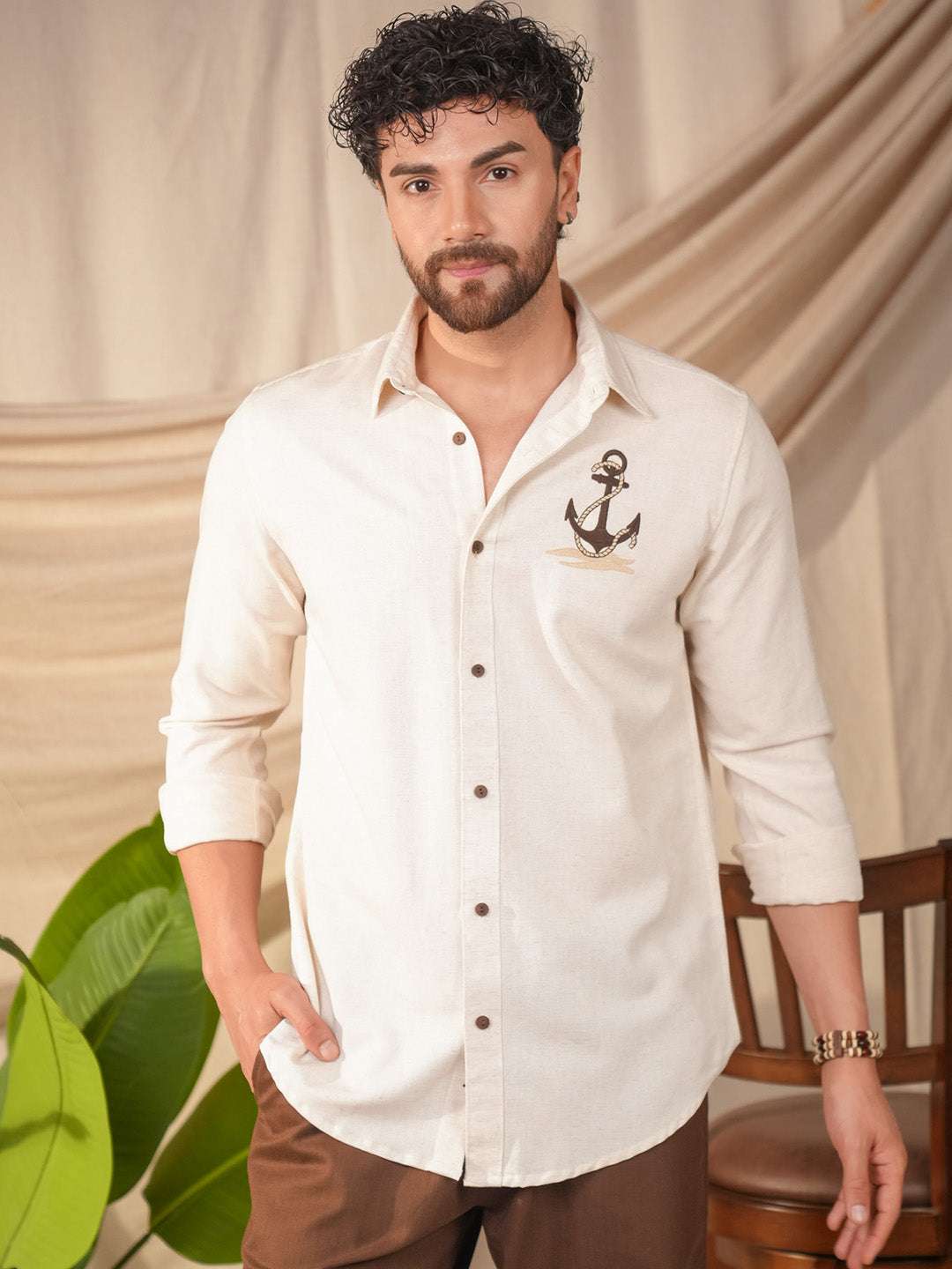 Custom Beige Natural Grains Anchor Embroidery Linen Cotton Shirt