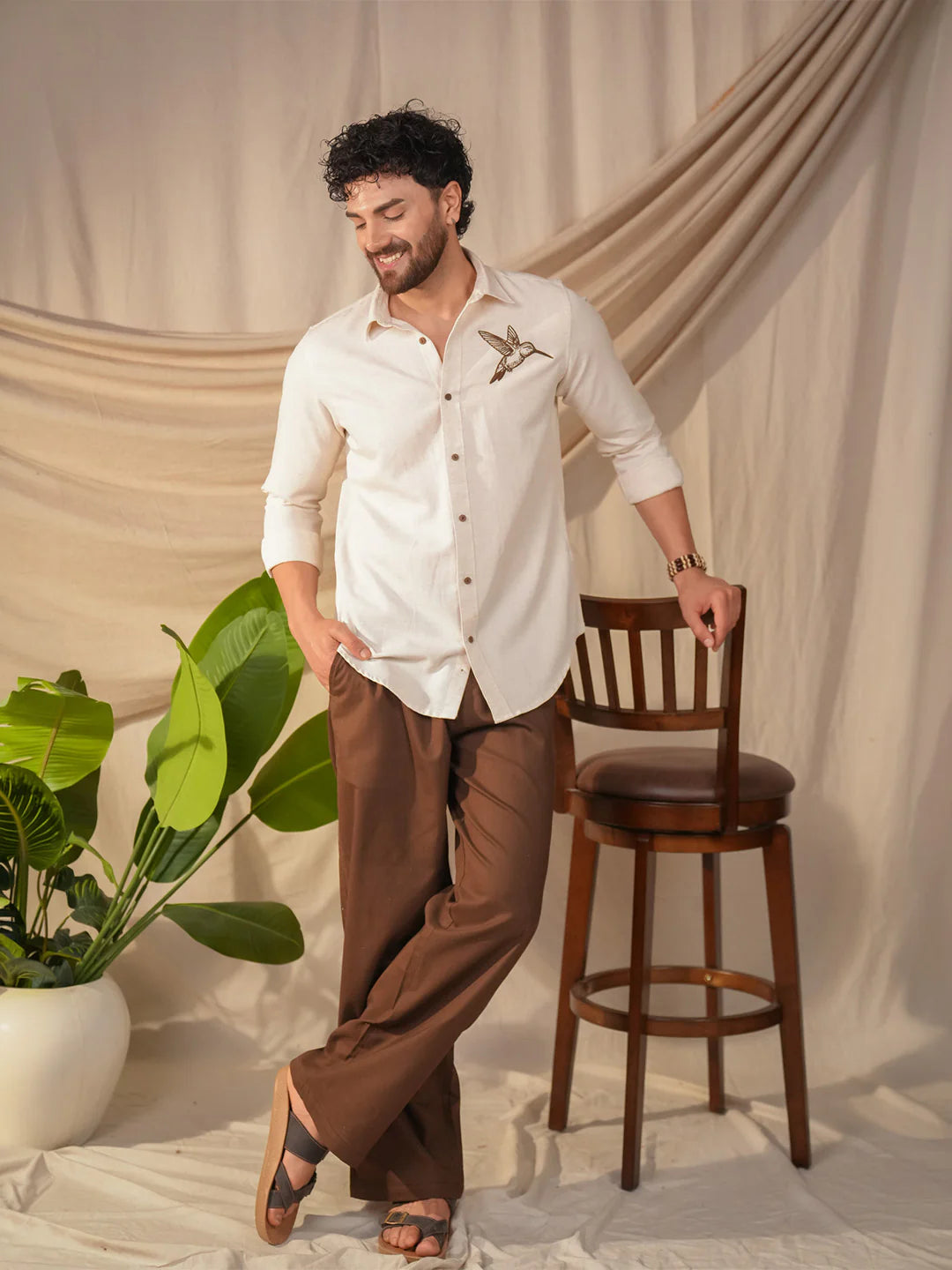 Custom Embroidered Beige Natural Grains Sparrow Embroidery Linen Cotton Shirt