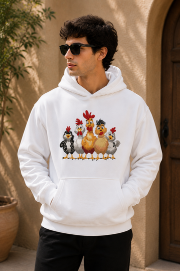 Cute Chicken Family Embroidered White Hoodie – Premium Cartoon Rooster & Hen Cotton Fleece Hoodie for Men