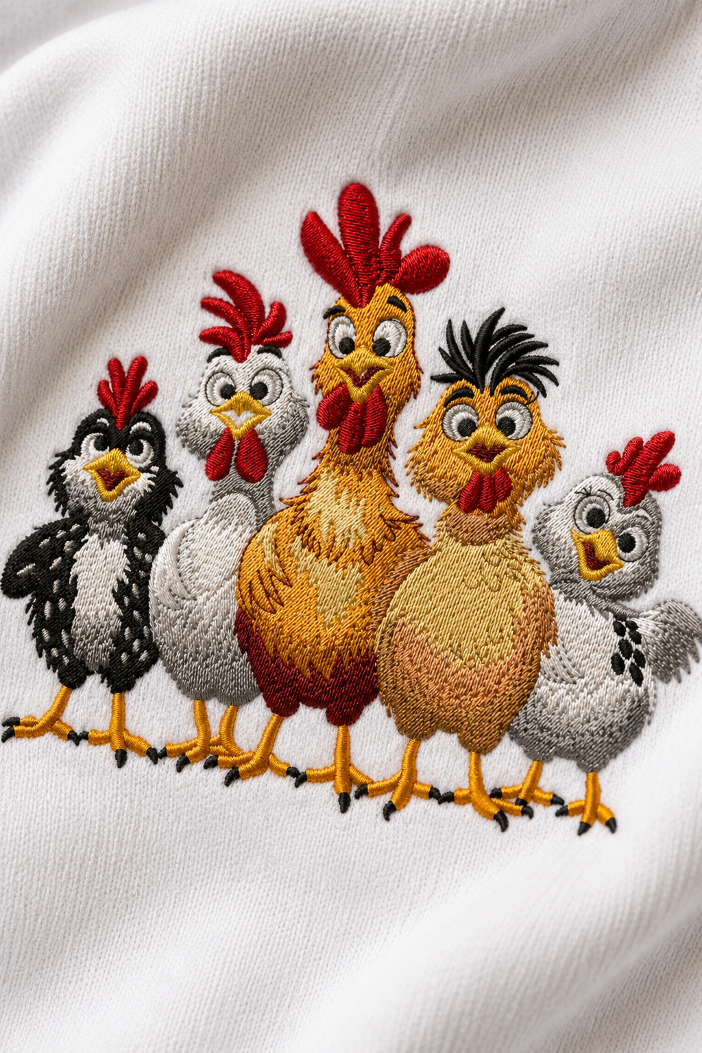 Cute Chicken Family Embroidered White Hoodie – Premium Cartoon Rooster & Hen Cotton Fleece Hoodie for Men