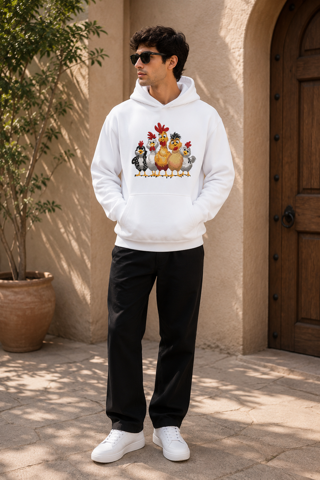 Cute Chicken Family Embroidered White Hoodie – Premium Cartoon Rooster & Hen Cotton Fleece Hoodie for Men