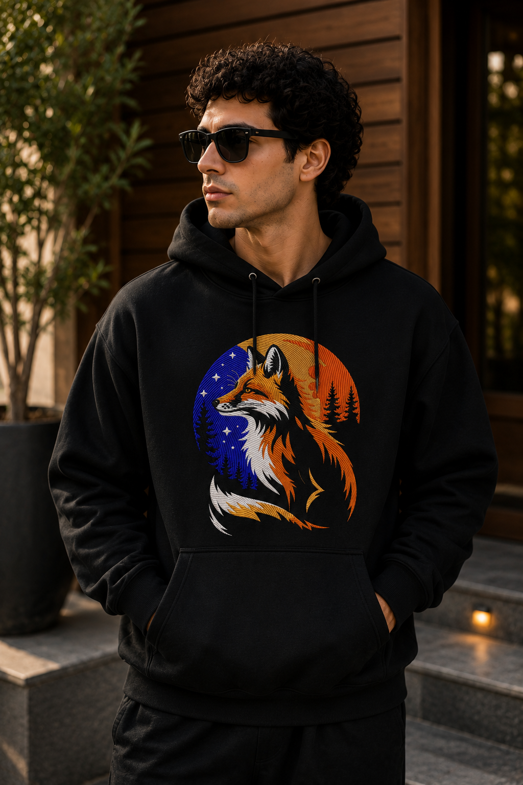 Fox Embroidered Black Hoodie – Premium Wildlife Forest Graphic Hoodie for Men
