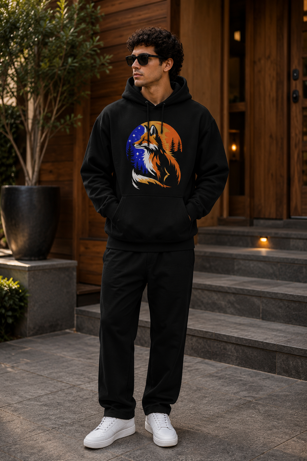 Fox Embroidered Black Hoodie – Premium Wildlife Forest Graphic Hoodie for Men