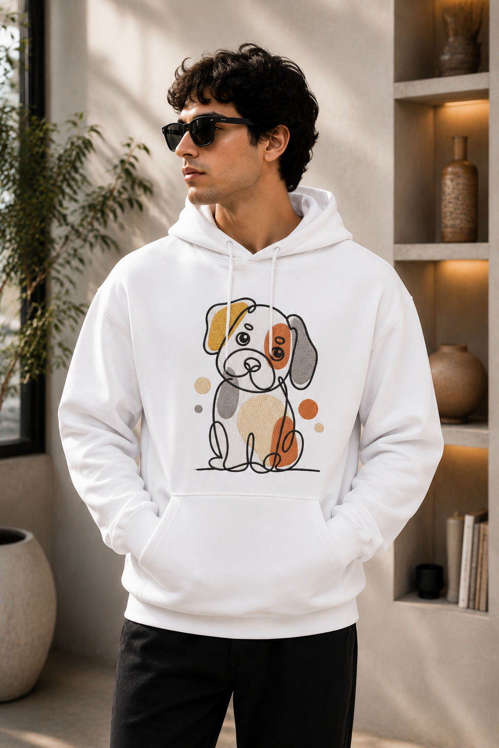 Cute Dog Embroidered White Hoodie – Premium Minimal Puppy Cotton Fleece Hoodie for Men