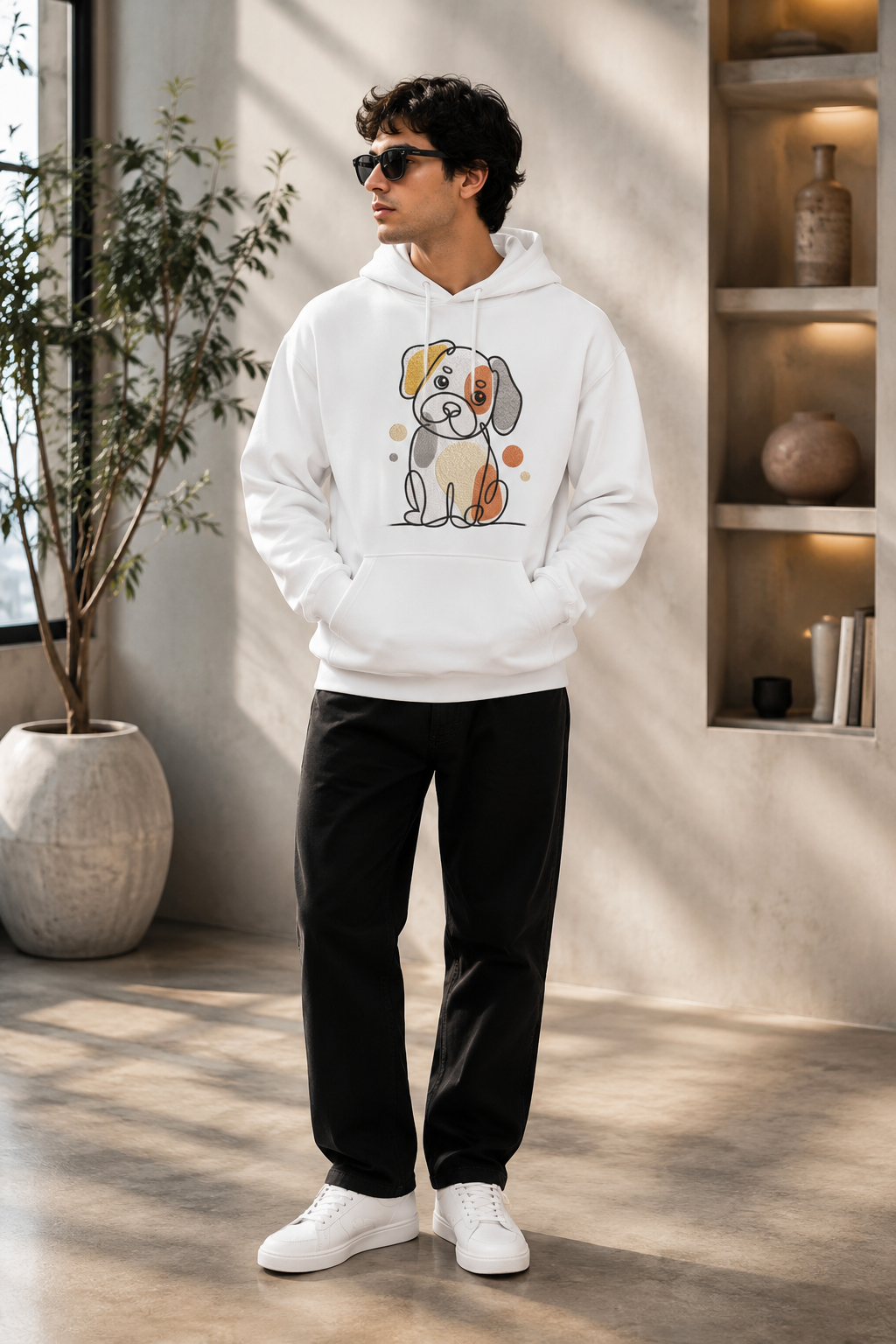 Cute Dog Embroidered White Hoodie – Premium Minimal Puppy Cotton Fleece Hoodie for Men