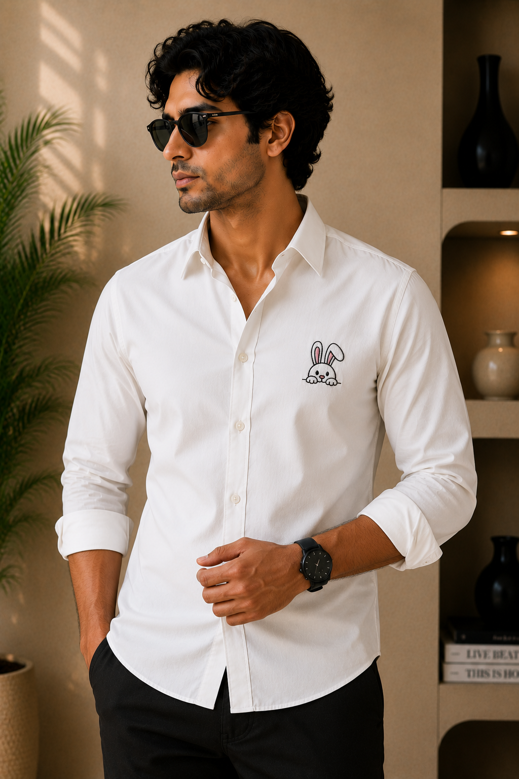 Cute Peeking Bunny Embroidered White Shirt – Premium Minimal Rabbit Cotton Casual Shirt for Men