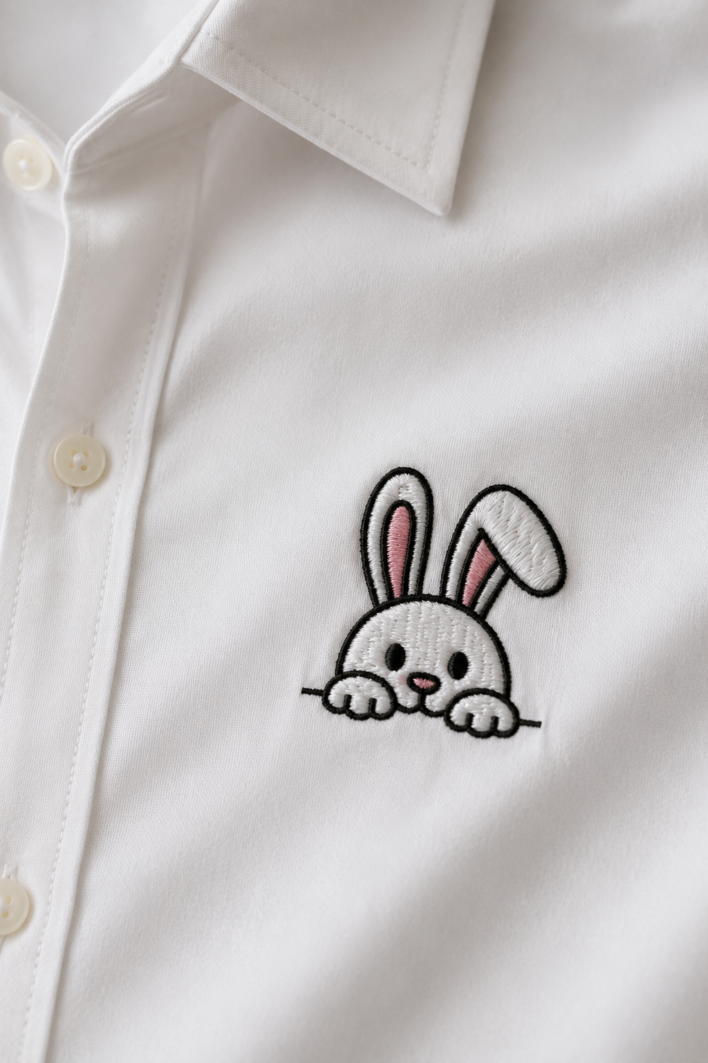 Cute Peeking Bunny Embroidered White Shirt – Premium Minimal Rabbit Cotton Casual Shirt for Men