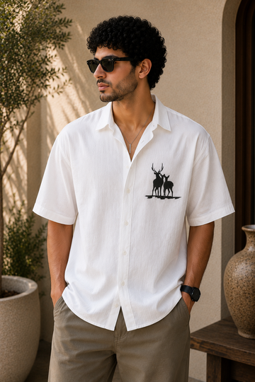 Minimal Deer Silhouette Embroidered White Shirt – Premium Stag & Doe Cotton Casual Shirt for Men
