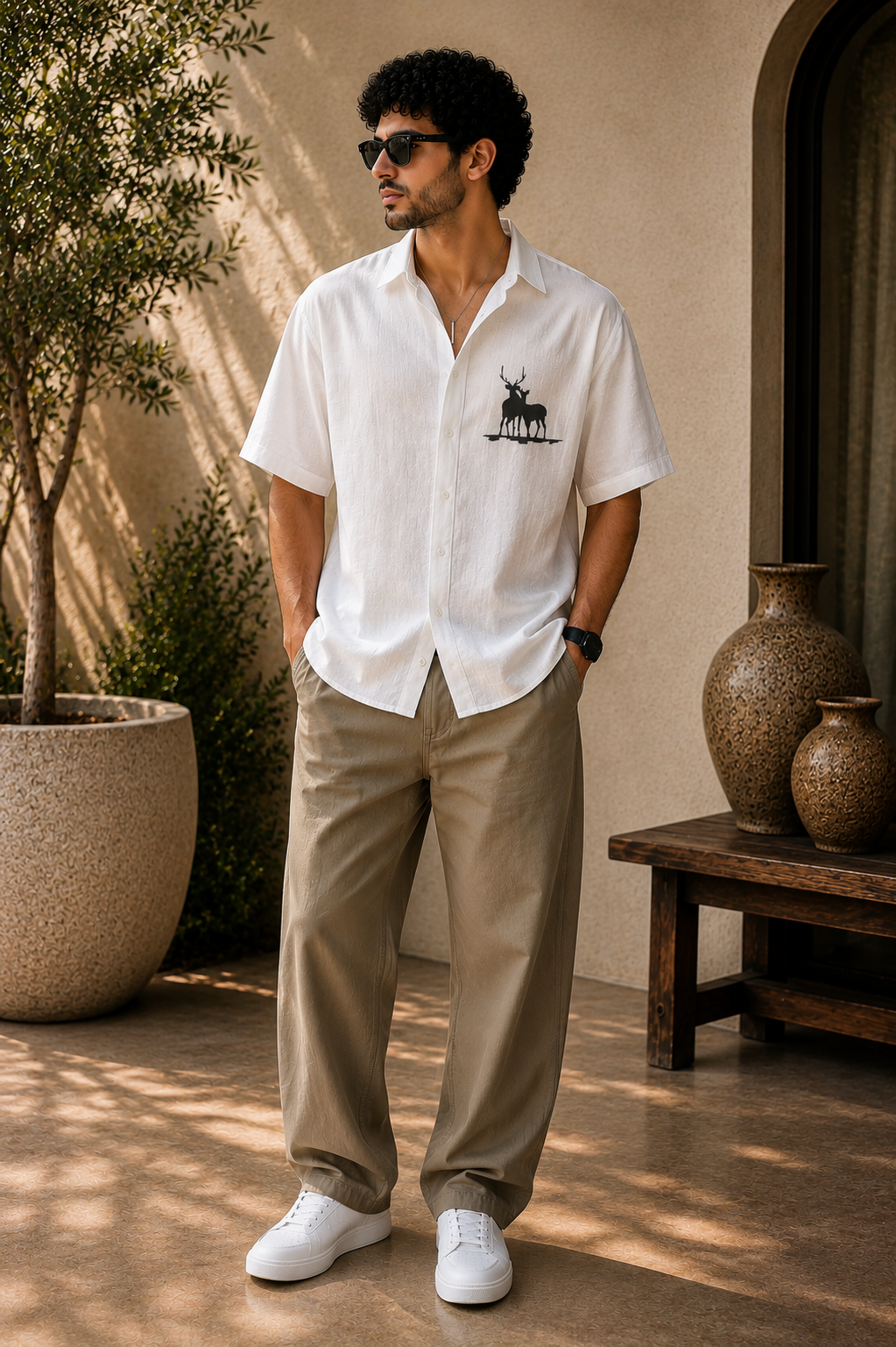 Minimal Deer Silhouette Embroidered White Shirt – Premium Stag & Doe Cotton Casual Shirt for Men