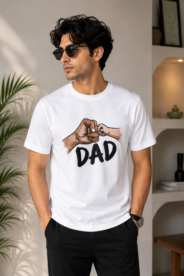 Dad Fist Bump Embroidered White T-Shirt | Father's Day Graphic Tee for Men