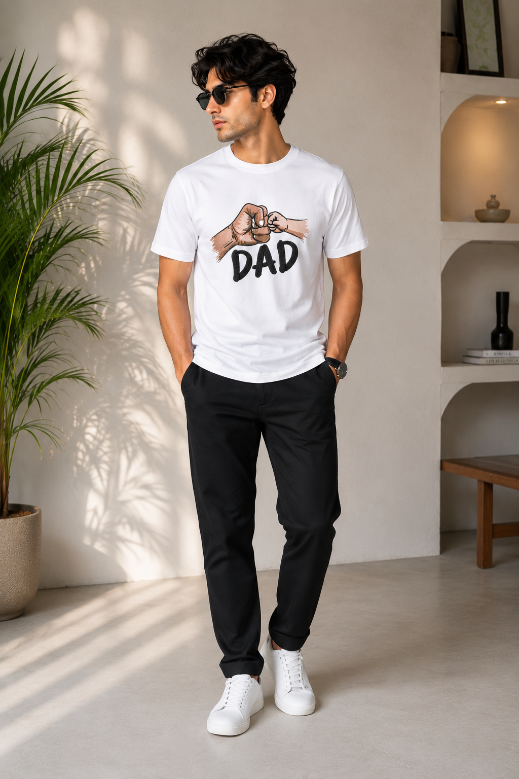 Dad Fist Bump Embroidered White T-Shirt | Father's Day Graphic Tee for Men
