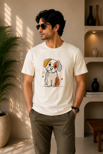 Minimalist Embroidered Puppy Graphic T-Shirt – Off White | Cute Line Art Cotton Tee for Men
