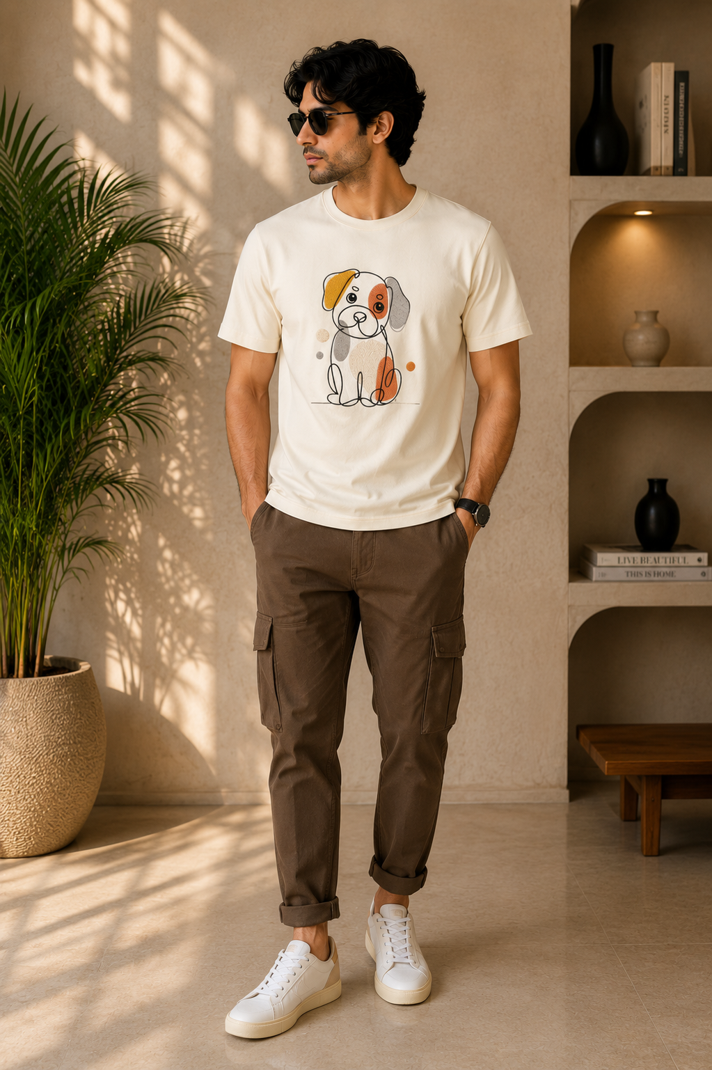 Minimalist Embroidered Puppy Graphic T-Shirt – Off White | Cute Line Art Cotton Tee for Men