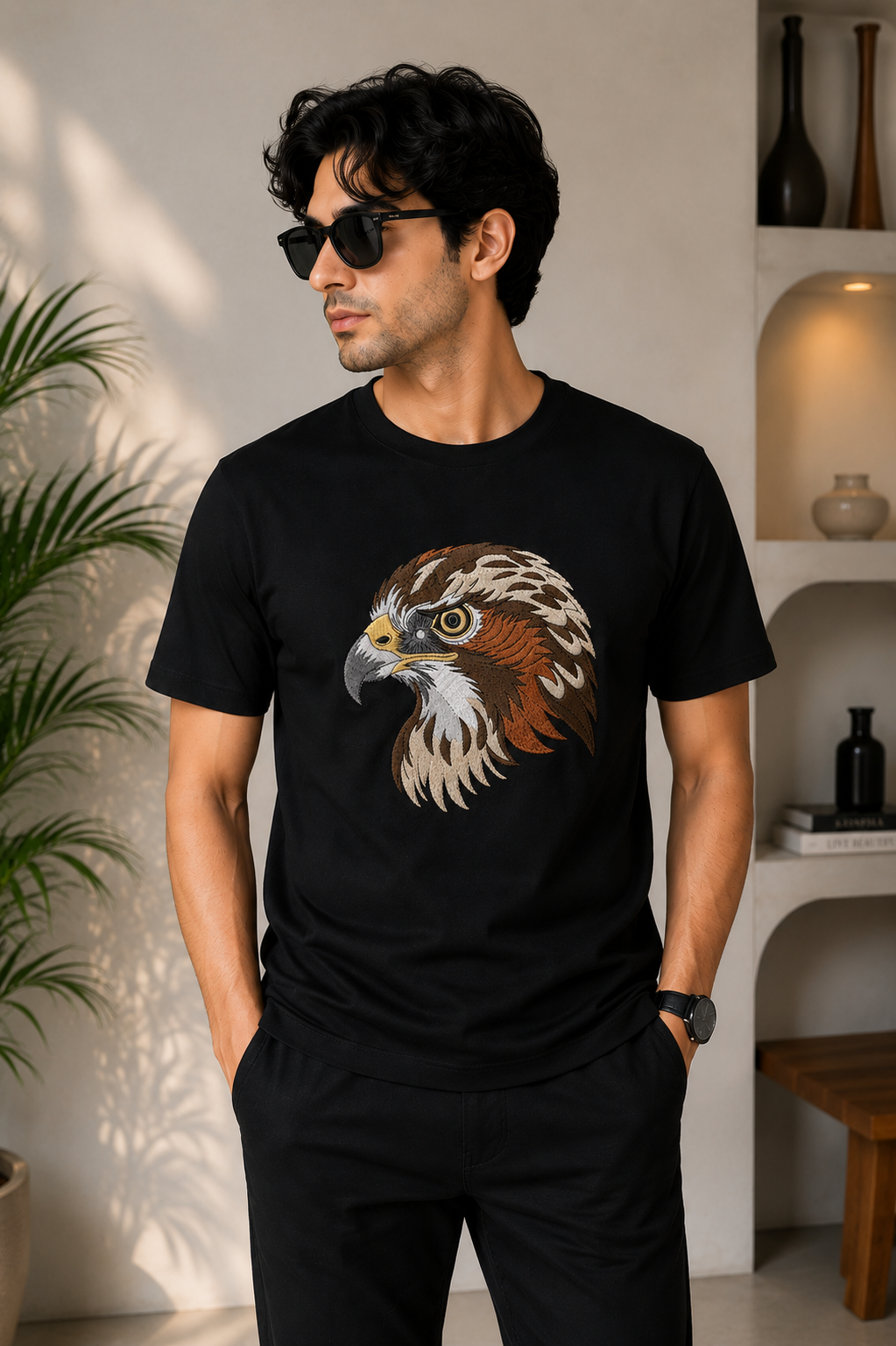 Majestic Hawk Embroidered Graphic T-Shirt – Black | Premium Cotton Eagle Head Tee for Men