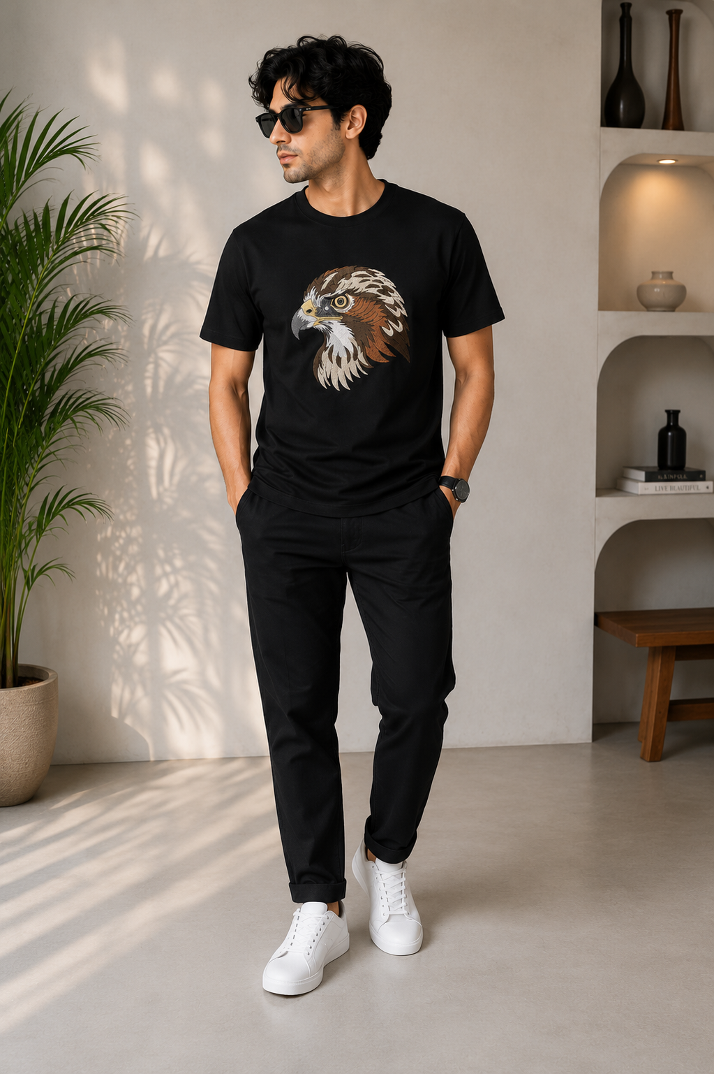 Majestic Hawk Embroidered Graphic T-Shirt – Black | Premium Cotton Eagle Head Tee for Men