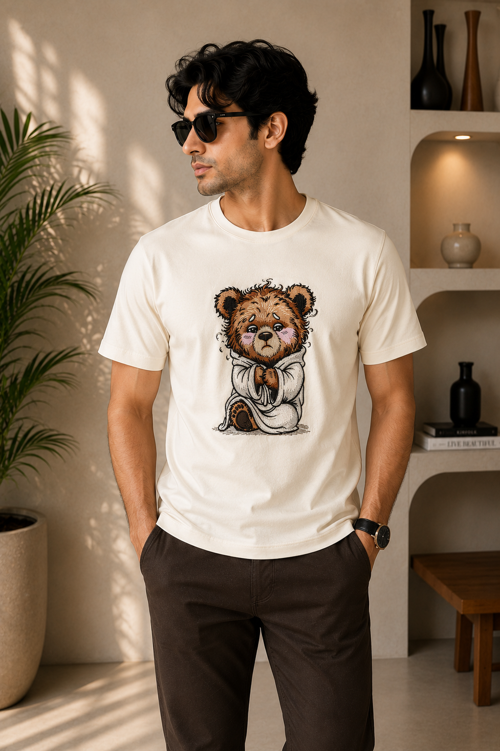 Cute Sad Teddy Bear Embroidered Graphic T-Shirt – Off White | Premium Cotton Kawaii Bear Tee for Men
