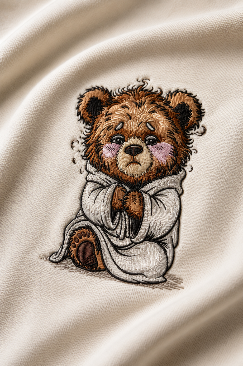 Cute Sad Teddy Bear Embroidered Graphic T-Shirt – Off White | Premium Cotton Kawaii Bear Tee for Men