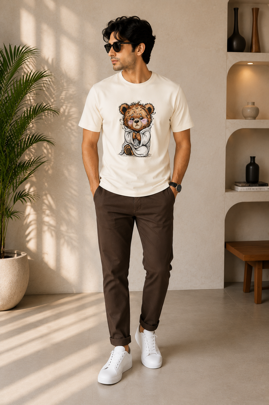 Cute Sad Teddy Bear Embroidered Graphic T-Shirt – Off White | Premium Cotton Kawaii Bear Tee for Men