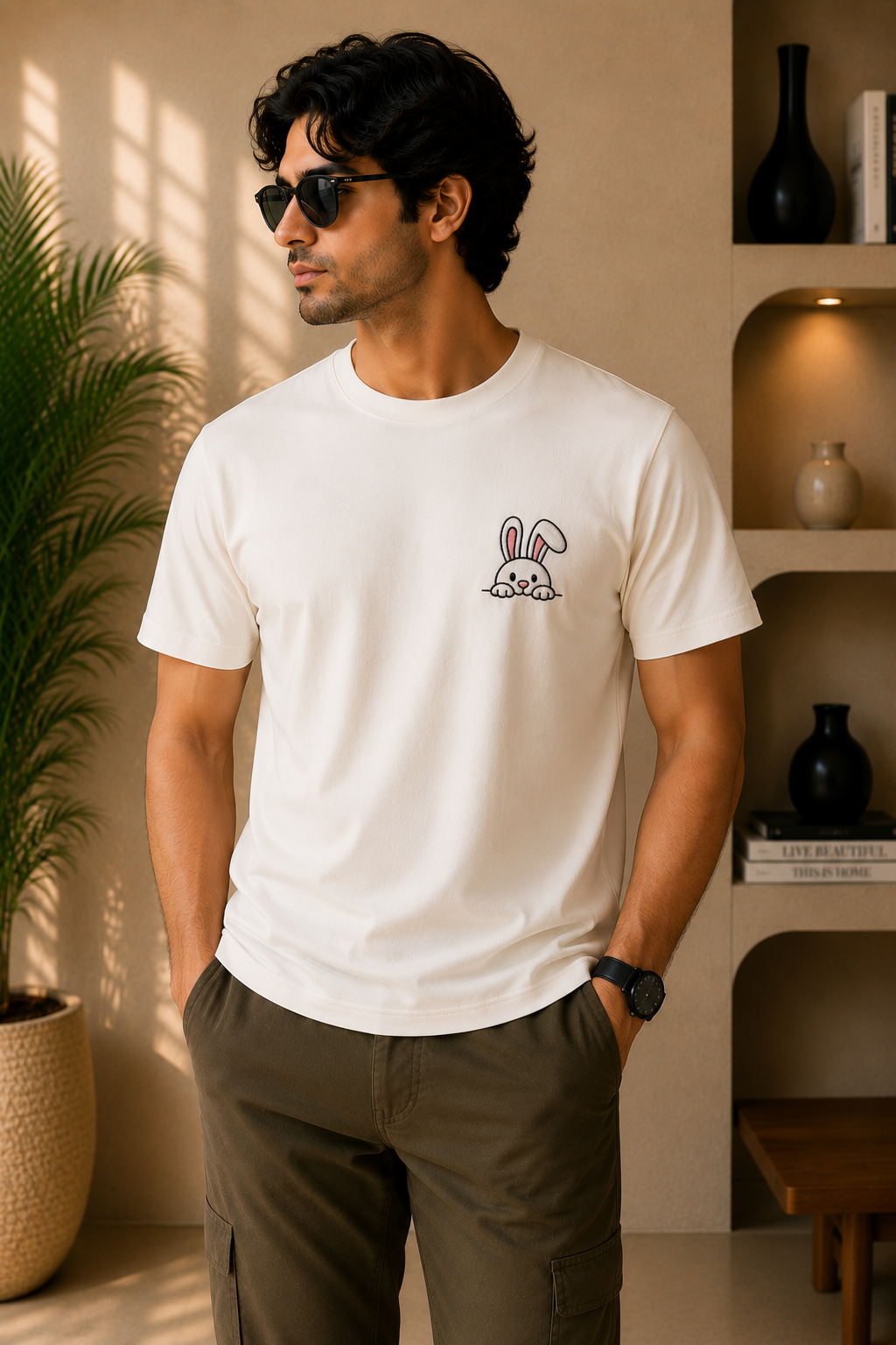 Cute Peeking Bunny Embroidered T-Shirt – Off White | Premium Cotton Minimal Rabbit Graphic Tee for Men