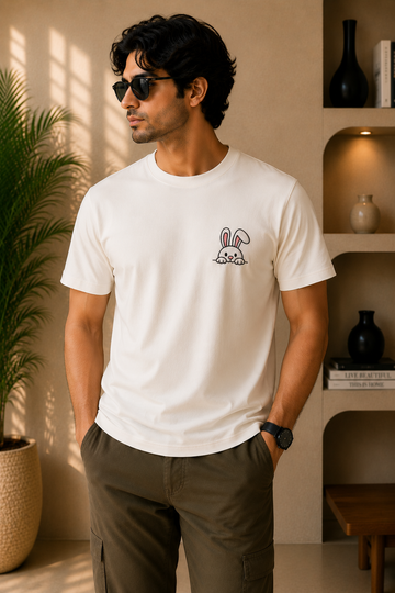 Cute Peeking Bunny Embroidered T-Shirt – Off White | Premium Cotton Minimal Rabbit Graphic Tee for Men