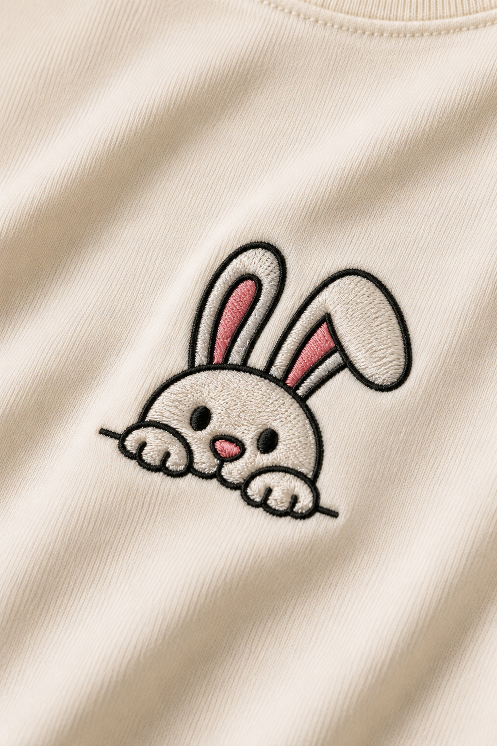 Cute Peeking Bunny Embroidered T-Shirt – Off White | Premium Cotton Minimal Rabbit Graphic Tee for Men
