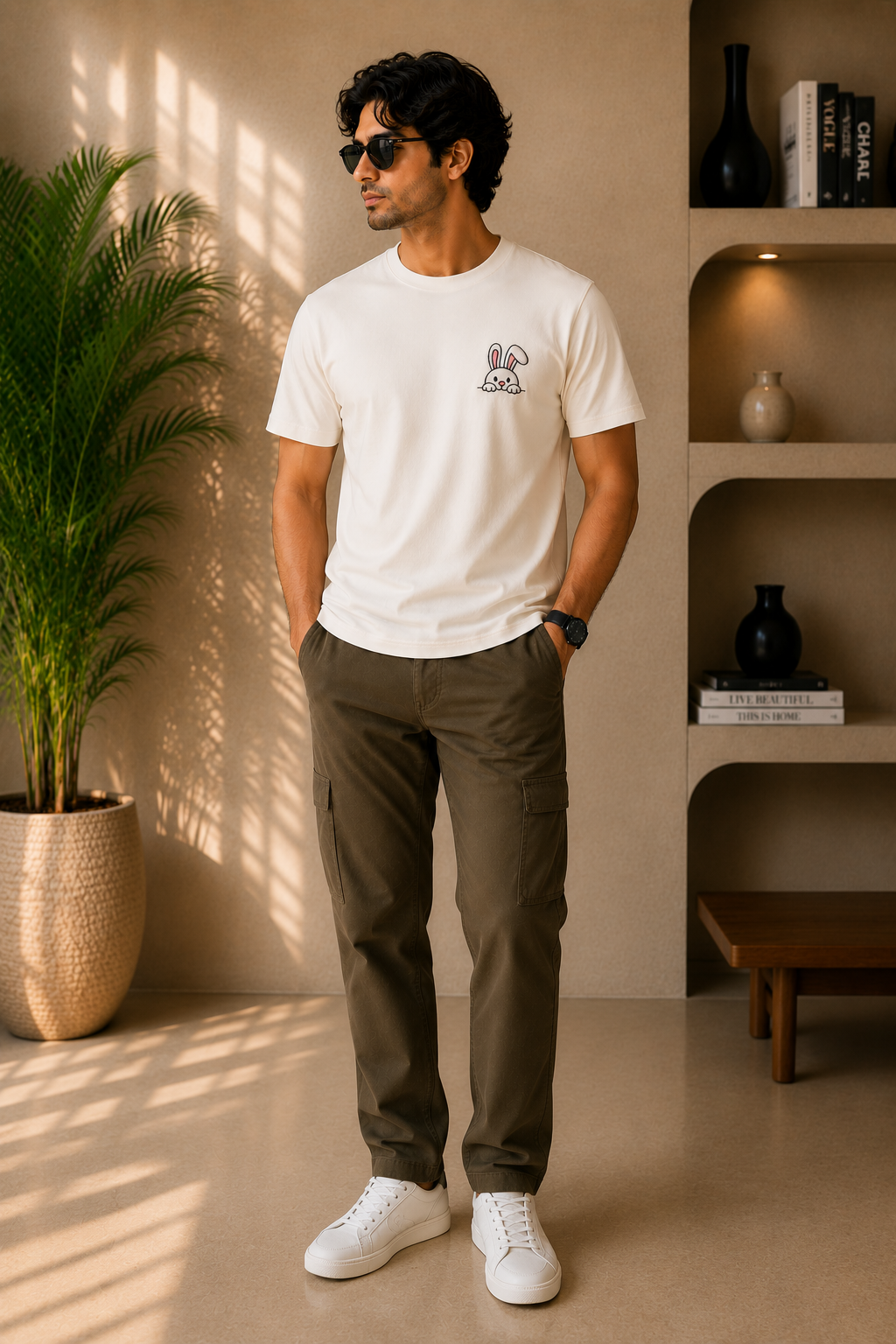 Cute Peeking Bunny Embroidered T-Shirt – Off White | Premium Cotton Minimal Rabbit Graphic Tee for Men