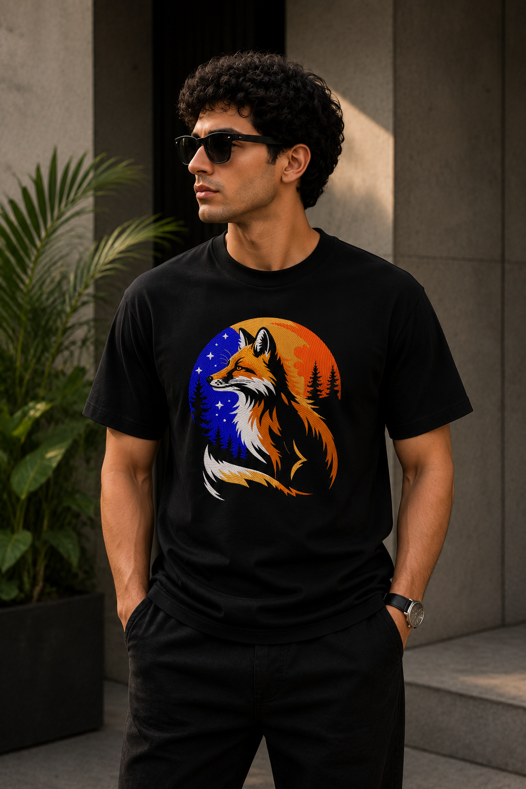 Majestic Fox Embroidered Graphic T-Shirt – Black | Premium Cotton Wildlife Fox Tee for Men