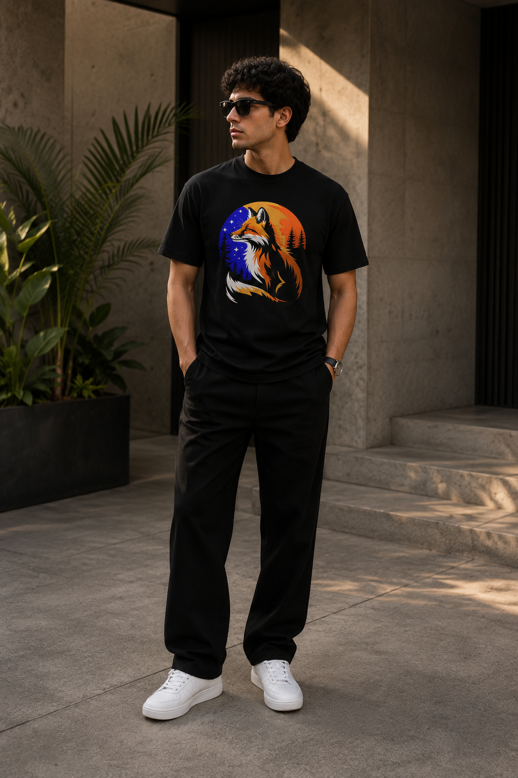 Majestic Fox Embroidered Graphic T-Shirt – Black | Premium Cotton Wildlife Fox Tee for Men