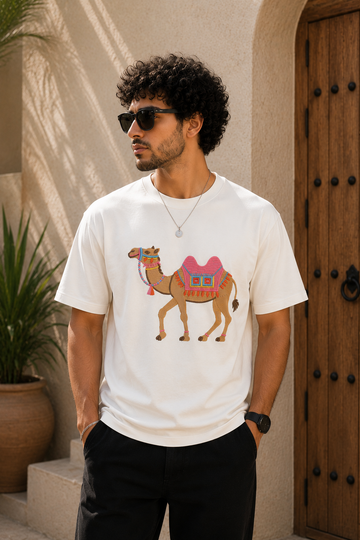 Traditional Embroidered Camel Graphic T-Shirt – Off White | Premium Cotton Desert Heritage Tee for Men