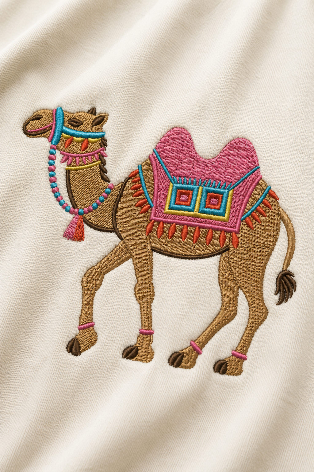 Traditional Embroidered Camel Graphic T-Shirt – Off White | Premium Cotton Desert Heritage Tee for Men