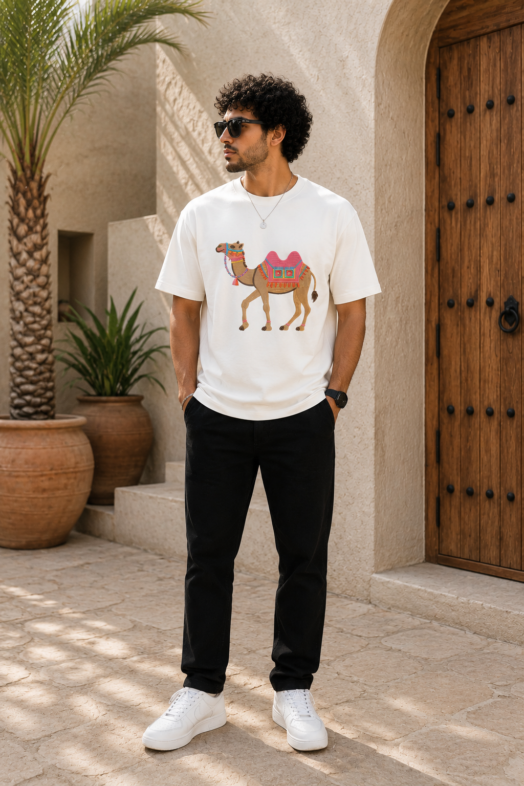 Traditional Embroidered Camel Graphic T-Shirt – Off White | Premium Cotton Desert Heritage Tee for Men