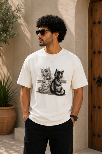 Two Cute Cats Embroidered Graphic T-Shirt – Off White | Premium Cotton Cat Lover Tee for Men