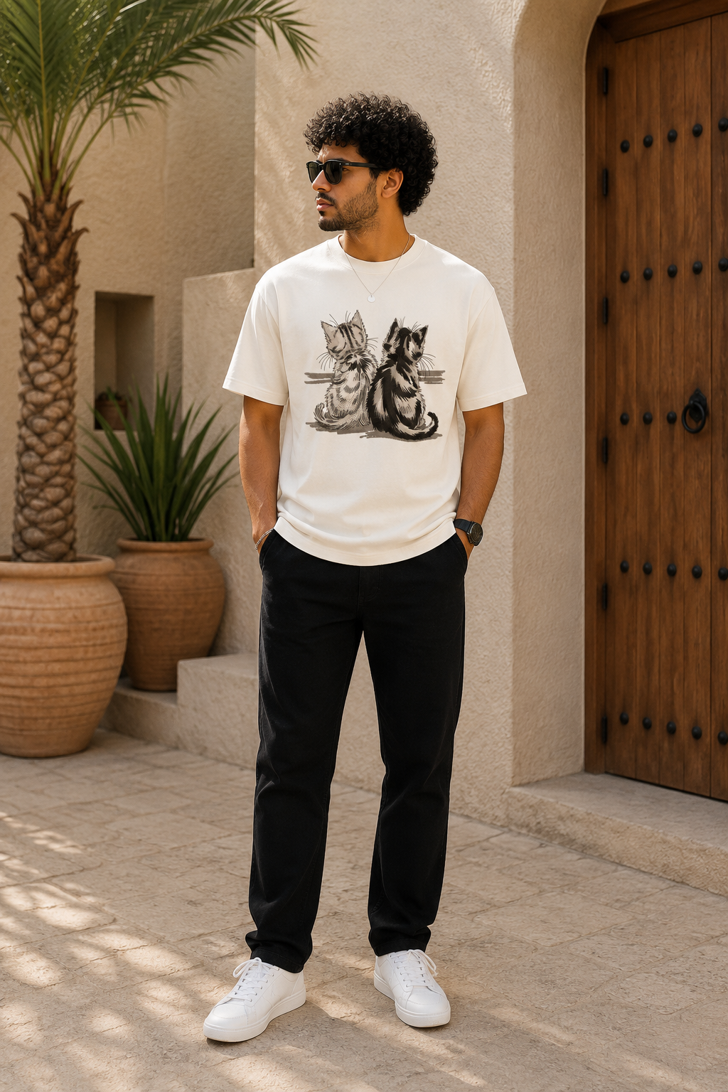 Two Cute Cats Embroidered Graphic T-Shirt – Off White | Premium Cotton Cat Lover Tee for Men