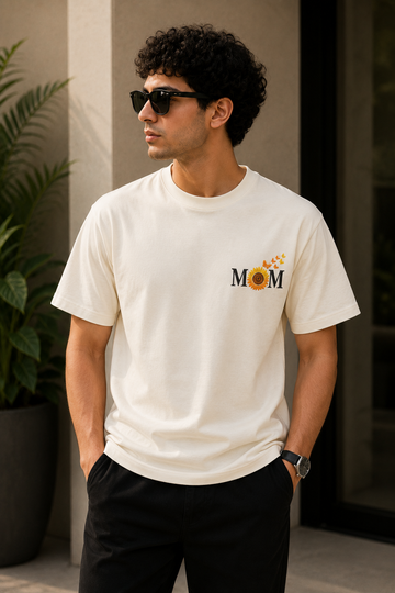 Sunflower MOM Embroidered T-Shirt – Off White | Premium Cotton Mother's Love Graphic Tee for Men