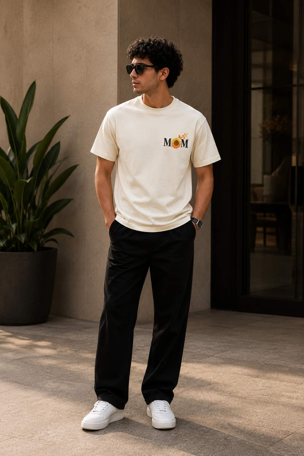 Sunflower MOM Embroidered T-Shirt – Off White | Premium Cotton Mother's Love Graphic Tee for Men