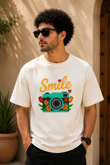 Smile Camera Embroidered Graphic T-Shirt – Off White | Premium Cotton Photography Inspired Tee for Men