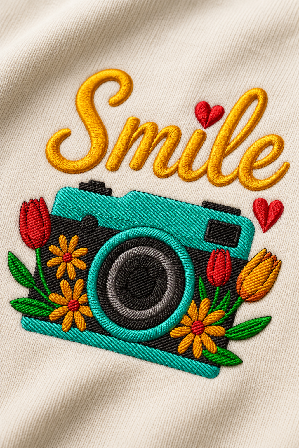 Smile Camera Embroidered Graphic T-Shirt – Off White | Premium Cotton Photography Inspired Tee for Men