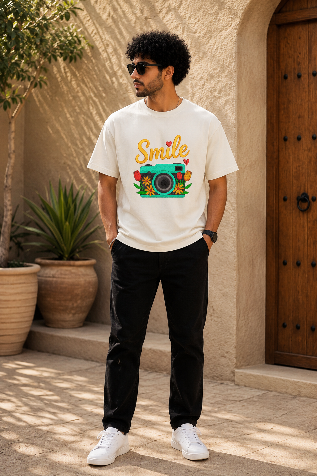 Smile Camera Embroidered Graphic T-Shirt – Off White | Premium Cotton Photography Inspired Tee for Men
