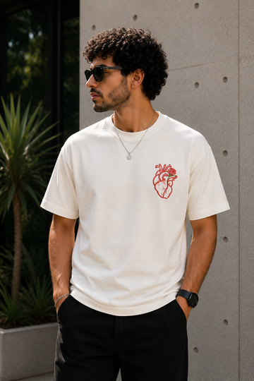 Anatomical Heart & Rose Embroidered T-Shirt – Off White | Premium Cotton Artistic Graphic Tee for Men
