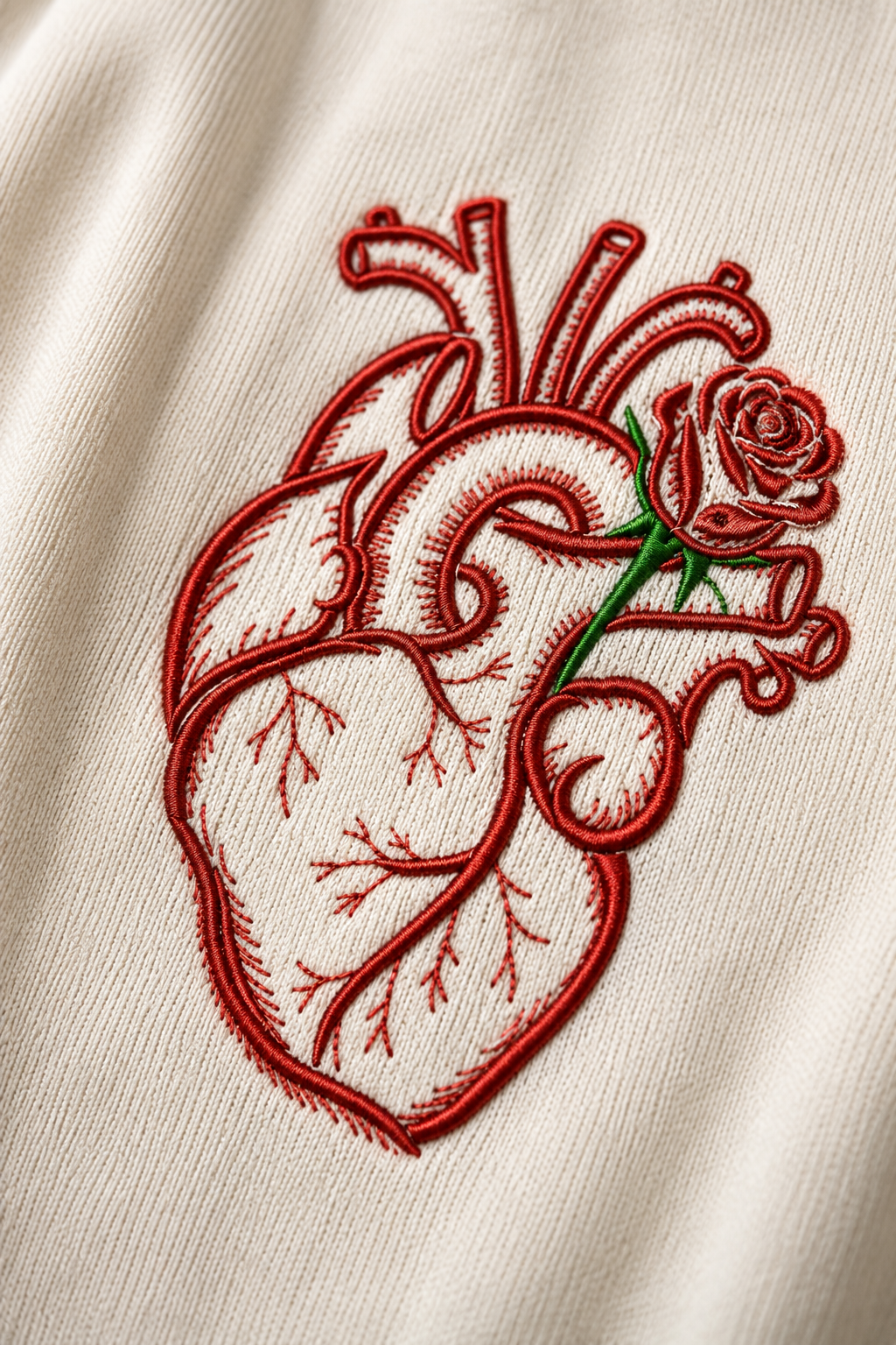 Anatomical Heart & Rose Embroidered T-Shirt – Off White | Premium Cotton Artistic Graphic Tee for Men