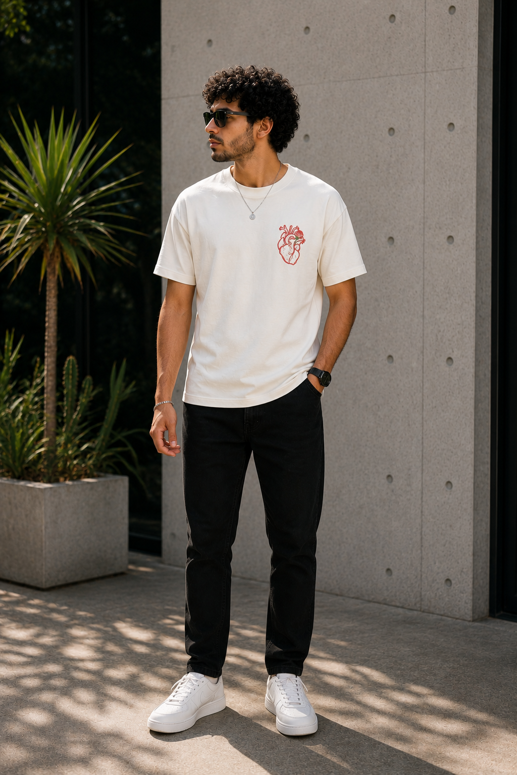 Anatomical Heart & Rose Embroidered T-Shirt – Off White | Premium Cotton Artistic Graphic Tee for Men