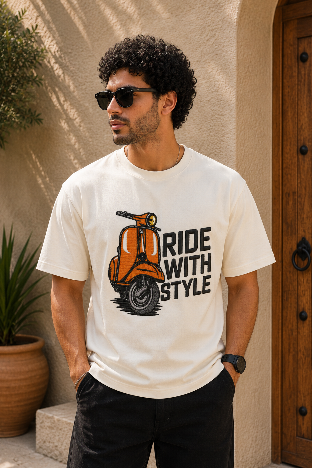 Ride With Style Embroidered Scooter T-Shirt – Off White | Vintage Scooter Graphic Cotton Tee for Men