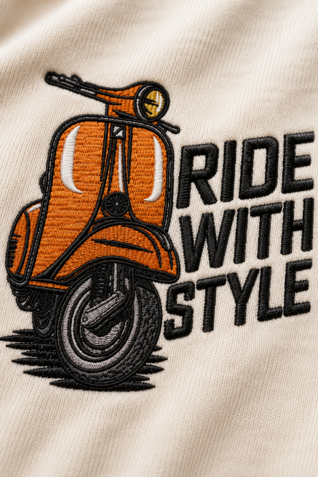 Ride With Style Embroidered Scooter T-Shirt – Off White | Vintage Scooter Graphic Cotton Tee for Men