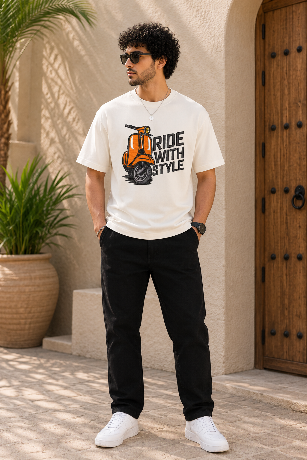 Ride With Style Embroidered Scooter T-Shirt – Off White | Vintage Scooter Graphic Cotton Tee for Men