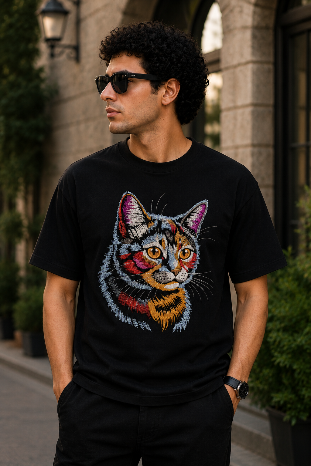 Colorful Embroidered Cat Face T-Shirt – Black | Artistic Cat Portrait Premium Cotton Graphic Tee