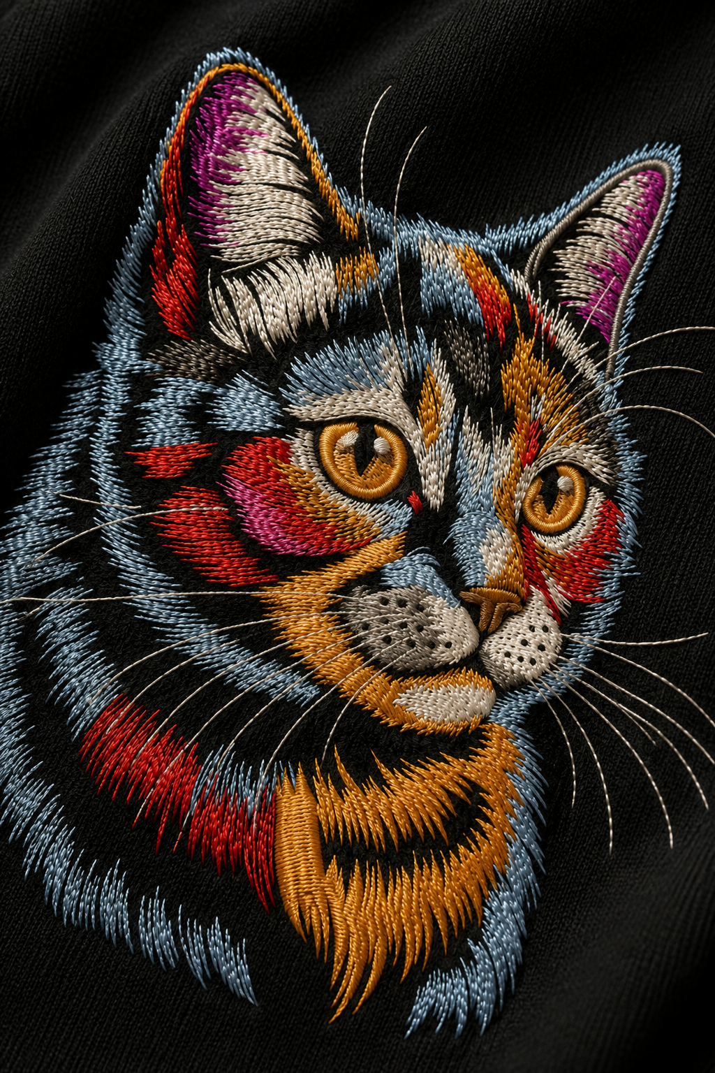 Colorful Embroidered Cat Face T-Shirt – Black | Artistic Cat Portrait Premium Cotton Graphic Tee
