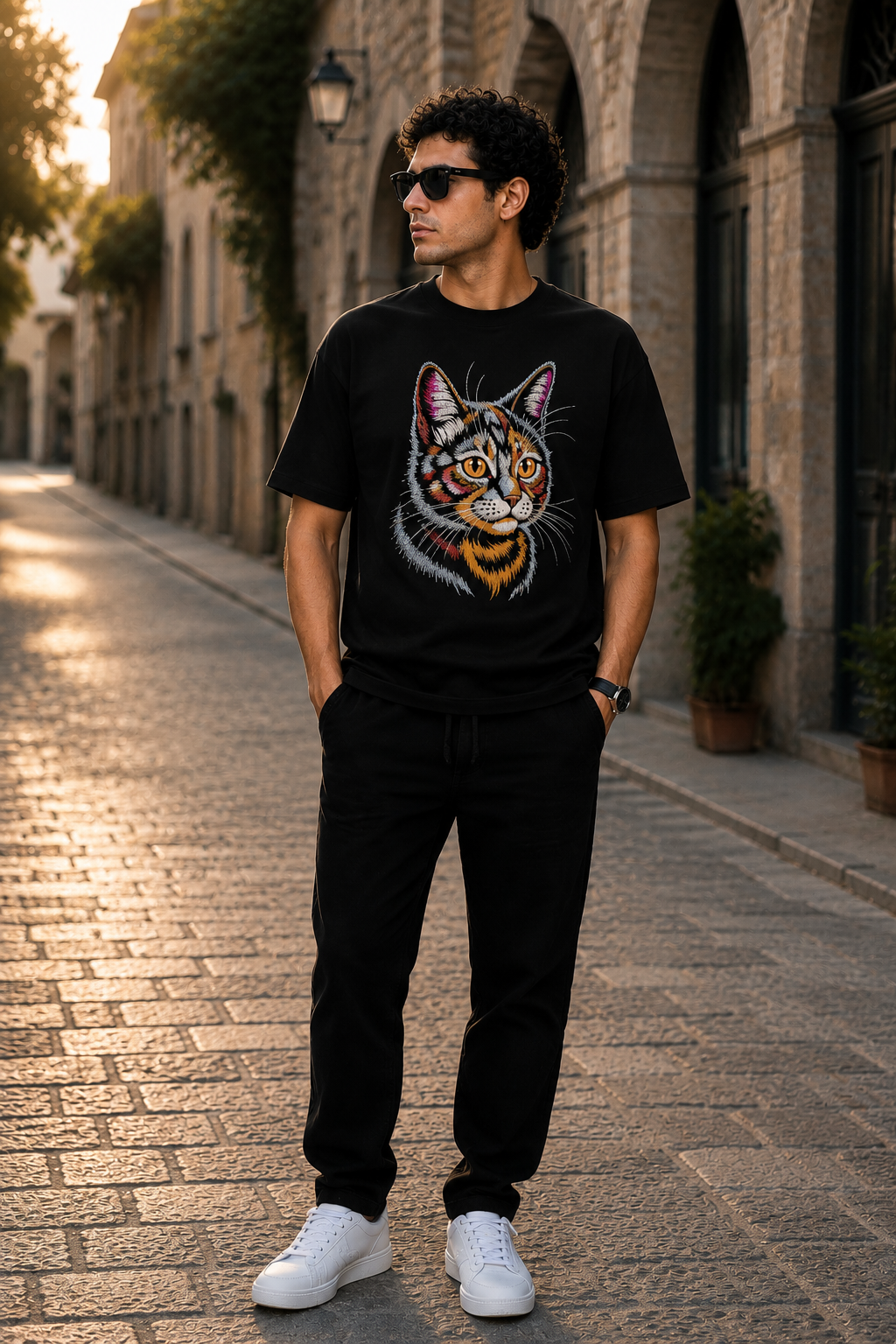 Colorful Embroidered Cat Face T-Shirt – Black | Artistic Cat Portrait Premium Cotton Graphic Tee