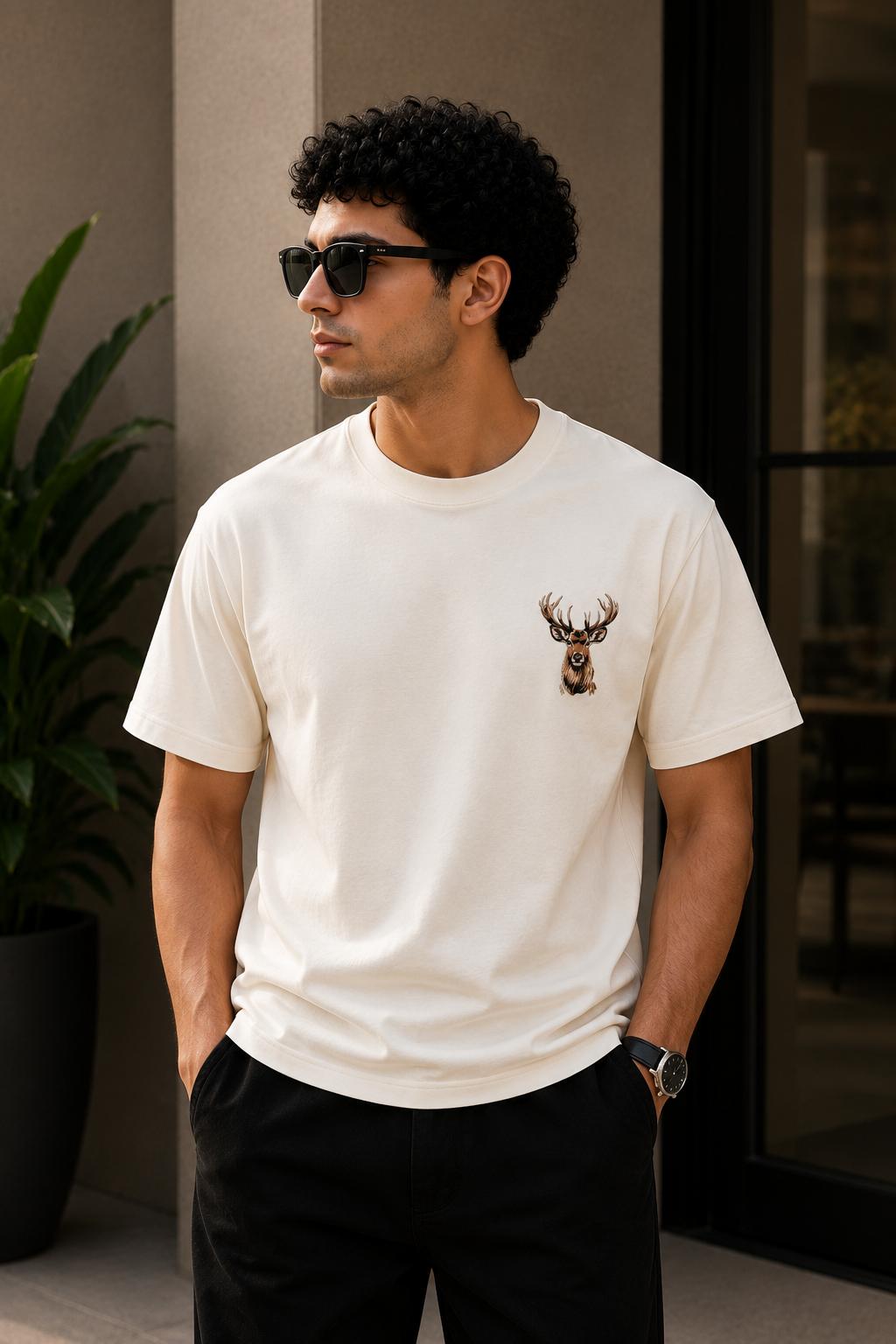 Embroidered Deer Head T-Shirt – Off White | Premium Wildlife Stag Cotton Tee for Men