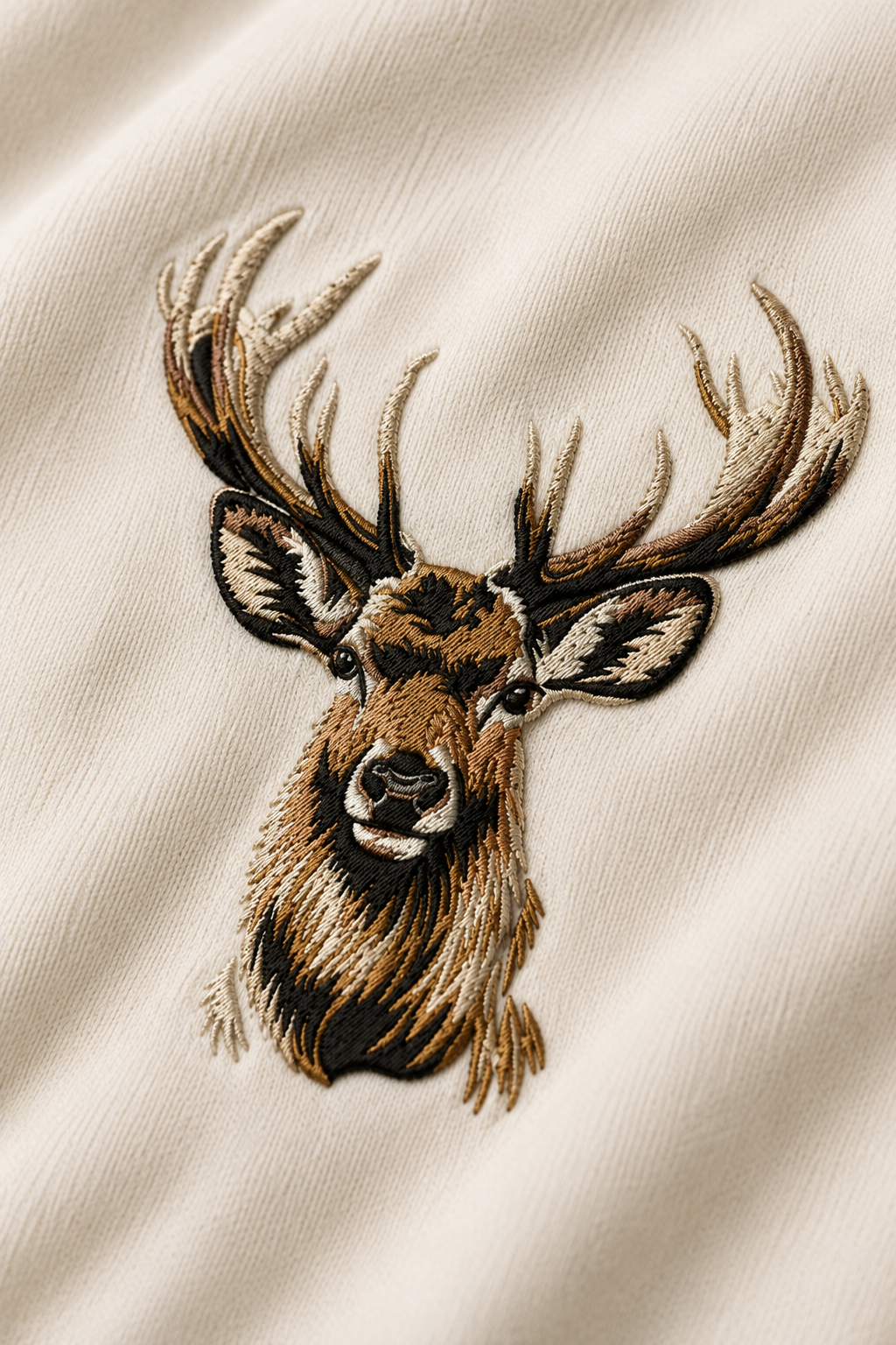 Embroidered Deer Head T-Shirt – Off White | Premium Wildlife Stag Cotton Tee for Men